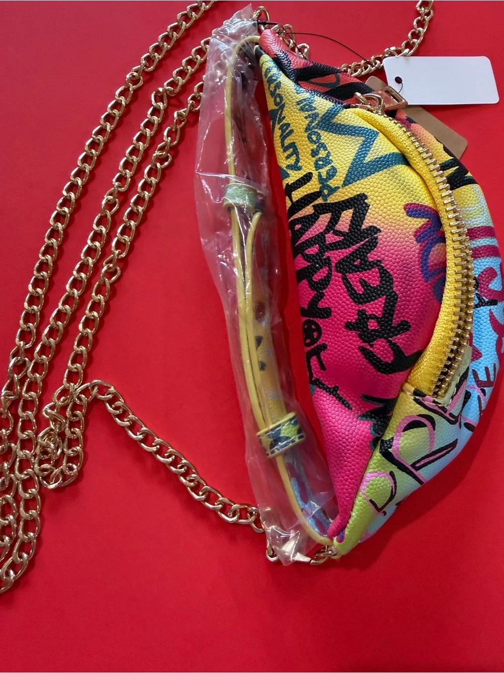 Colorful Graffiti Zip Card & Key Holder with Gold Chain & accessories